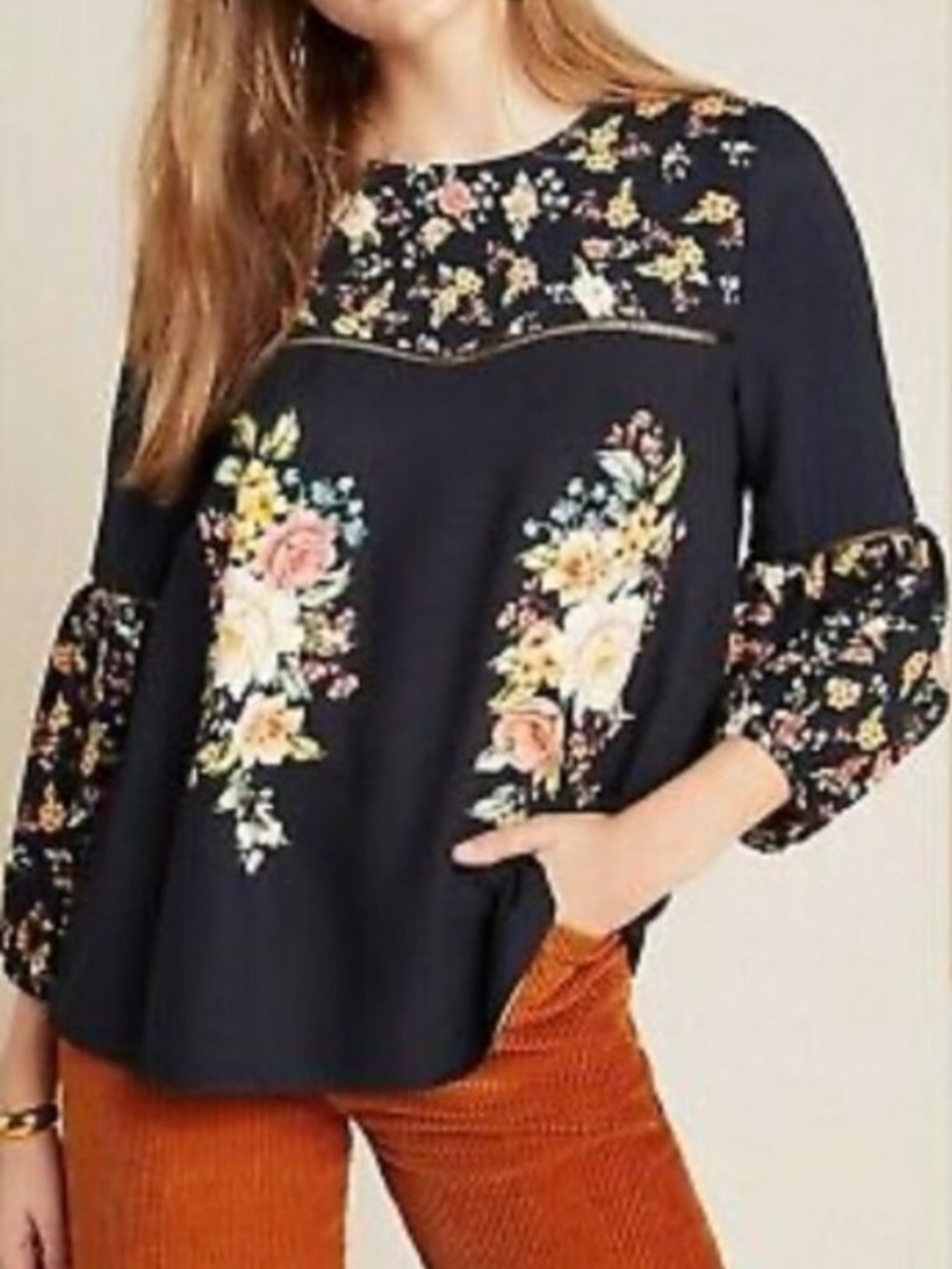 Anthropologie Farm Rio Estelle Dark Floral Bohemian Blouse Top Cottagecore